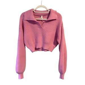 Dreamers By Debut Pink Cropped Knit Y2K Sweater Size M Cozy Layering V Neck